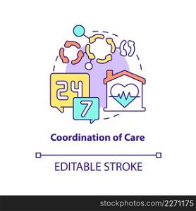 Coordination of care concept icon. Continual help. Hospice service for patient abstract idea thin line illustration. Isolated outline drawing. Editable stroke. Arial, Myriad Pro-Bold fonts used. Coordination of care concept icon