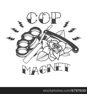 cop magnet. Brass knuckle with old style razor and rose isolated on white background. Design element for t-shirt print. Vector illustration.