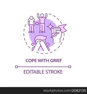 Cope with grief purple concept icon. Experiencing loss through death abstract idea thin line illustration. Isolated outline drawing. Editable stroke. Roboto-Medium, Myriad Pro-Bold fonts used. Cope with grief purple concept icon