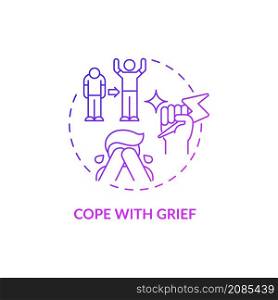 Cope with grief purple gradient concept icon. Grief-related depression treatment abstract idea thin line illustration. Isolated outline drawing. Roboto-Medium, Myriad Pro-Bold fonts used. Cope with grief purple gradient concept icon