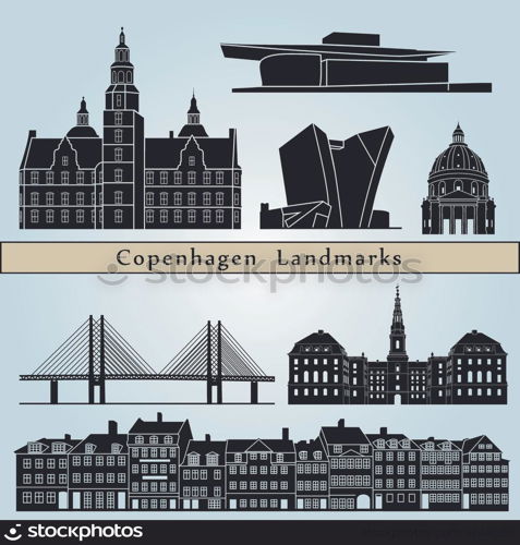 Copenhagen landmarks and monuments isolated on blue background in editable vector file