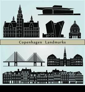 Copenhagen landmarks and monuments isolated on blue background in editable vector file