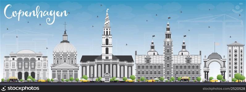 Copenhagen Skyline with Gray Landmarks and Blue Sky. Vector Illustration. Business Travel and Tourism Concept with Historic Buildings. Image for Presentation Banner Placard and Web Site.