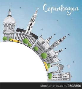 Copenhagen Skyline with Gray Landmarks, Blue Sky and Copy Space. Vector Illustration. Business Travel and Tourism Concept with Historic Buildings. Image for Presentation Banner Placard and Web Site.