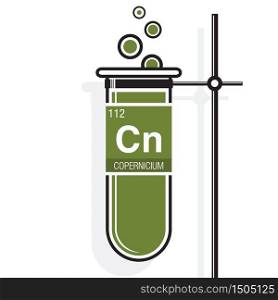 Copernicium symbol on label in a green test tube with holder. Element number 112 of the Periodic Table of the Elements - Chemistry