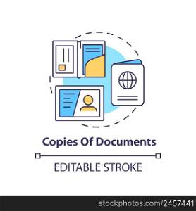 Copies of documents concept icon. Things to pack for surviving. Survival bag abstract idea thin line illustration. Isolated outline drawing. Editable stroke. Arial, Myriad Pro-Bold fonts used. Copies of documents concept icon
