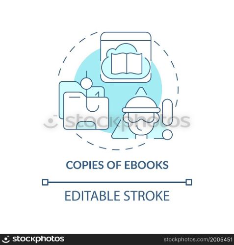 Copies of ebooks blue concept icon. Copyright infringement abstract idea thin line illustration. Unauthorized publications versions. Vector isolated outline color drawing. Editable stroke. Copies of ebooks blue concept icon