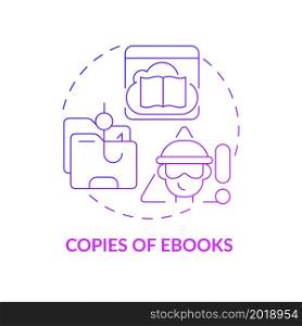 Copies of ebooks purple gradient concept icon. Copyright infringement abstract idea thin line illustration. Illegally copied content. Unauthorized versions. Vector isolated outline color drawing. Copies of ebooks purple gradient concept icon