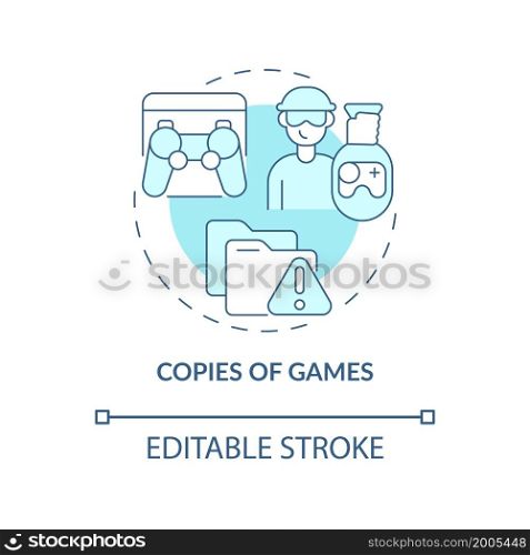 Copies of games blue concept icon. Illegal duplication abstract idea thin line illustration. Video game piracy. Copyright infringement. Vector isolated outline color drawing. Editable stroke. Copies of games blue concept icon
