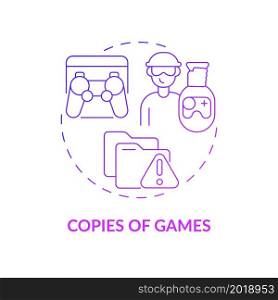 Copies of games purple gradient concept icon. Illegal duplication abstract idea thin line illustration. Video game piracy. Illegally download content. Vector isolated outline color drawing. Copies of games purple gradient concept icon