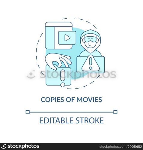 Copies of movies blue concept icon. Illegal duplication abstract idea thin line illustration. Distributing copyrighted content. Vector isolated outline color drawing. Editable stroke. Copies of movies blue concept icon