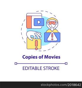 Copies of movies concept icon. Illegal duplication abstract idea thin line illustration. Illicit streaming service. Pirated films. Vector isolated outline color drawing. Editable stroke. Copies of movies concept icon