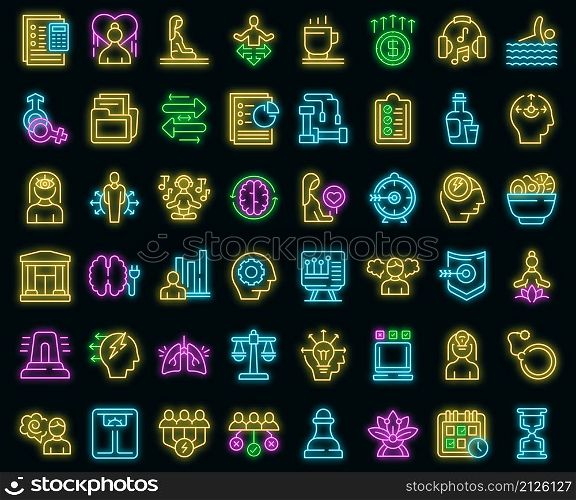 Coping skills icons set outline vector. Stress love. Meditation anxiety. Coping skills icons set vector neon