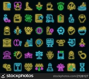 Coping skills icons set outline vector. Stress love. Meditation anxiety. Coping skills icons set vector neon
