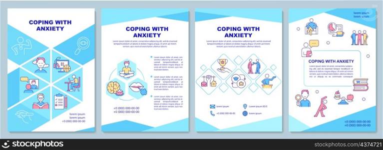 Coping with anxiety blue brochure template. Health mindset. Booklet print design with linear icons. Vector layouts for presentation, annual reports, ads. Arial-Black, Myriad Pro-Regular fonts used. Coping with anxiety blue brochure template