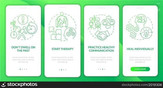 Coping with breakup onboarding mobile app page screen. Stop dwelling on past walkthrough 4 steps graphic instructions with concepts. UI, UX, GUI vector template with linear color illustrations. Coping with breakup onboarding mobile app page screen