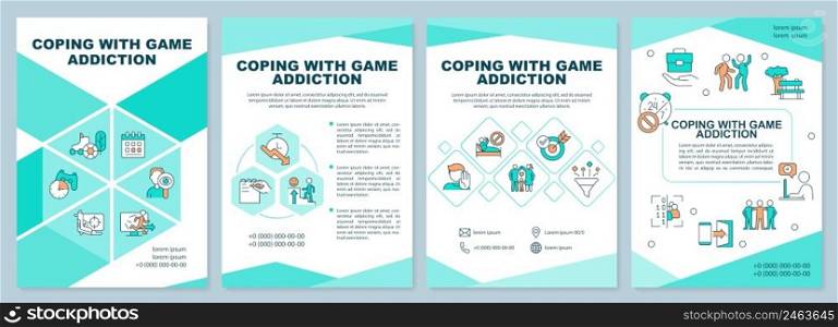 Coping with game addiction mint brochure template. Break with bad habit. Leaflet design with linear icons. 4 vector layouts for presentation, annual reports. Arial-Black, Myriad Pro-Regular fonts used. Coping with game addiction mint brochure template