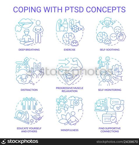 Coping with PTSD blue gradient concept icons set. Mental health. Psychotherapy service idea thin line color illustrations. Isolated symbols. Editable stroke. Roboto-Medium, Myriad Pro-Bold fonts used. Coping with PTSD blue gradient concept icons set