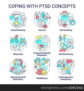Coping with PTSD concept icons set. Mental health. Psychotherapy service idea thin line color illustrations. Isolated symbols. Editable stroke. Roboto-Medium, Myriad Pro-Bold fonts used. Coping with PTSD concept icons set