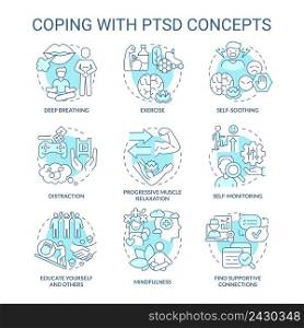 Coping with PTSD turquoise concept icons set. Mental health. Psychotherapy service idea thin line color illustrations. Isolated symbols. Editable stroke. Roboto-Medium, Myriad Pro-Bold fonts used. Coping with PTSD turquoise concept icons set