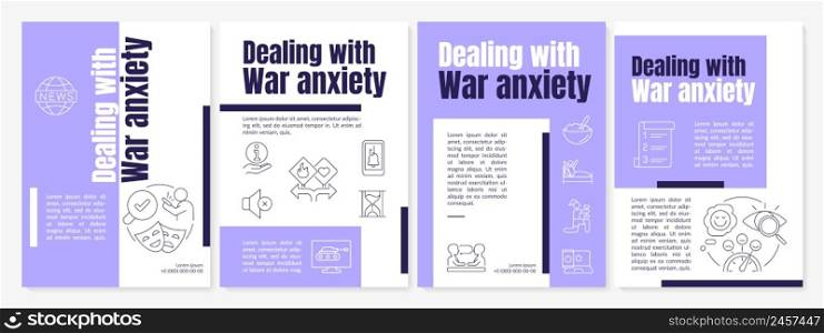 Coping with war anxiety purple brochure template. Stress reducing. Leaflet design with linear icons. 4 vector layouts for presentation, annual reports. Anton, Lato-Regular fonts used. Coping with war anxiety purple brochure template