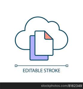 Copy files to cloud storage RGB color icon. Upload data. Service provider. Database recovery. Files backup. Isolated vector illustration. Simple filled line drawing. Editable stroke. Copy files to cloud storage RGB color icon