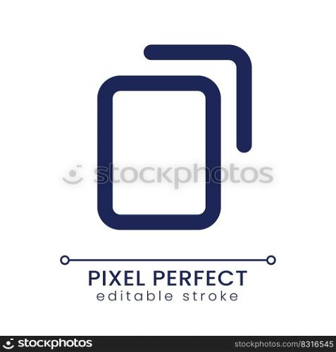 Copy pixel perfect linear ui icon. Duplicate digital file and text. Clipboard. GUI, UX design. Outline isolated user interface element for app and web. Editable stroke. Poppins font used. Copy pixel perfect linear ui icon