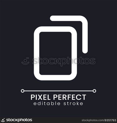 Copy pixel perfect white linear ui icon for dark theme. Duplicate digital file and text. Vector line pictogram. Isolated user interface symbol for night mode. Editable stroke. Poppins font used. Copy pixel perfect white linear ui icon for dark theme