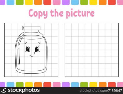 Copy the picture. Coloring book pages for kids. Education developing worksheet. Glass jar. Game for children. Handwriting practice. Funny character. Cute cartoon vector illustration.