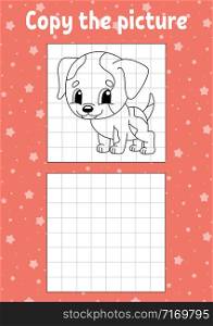 Copy the picture. Dog animal. Coloring book pages for kids. Education developing worksheet. Game for children. Handwriting practice. Funny character. Cartoon vector illustration.