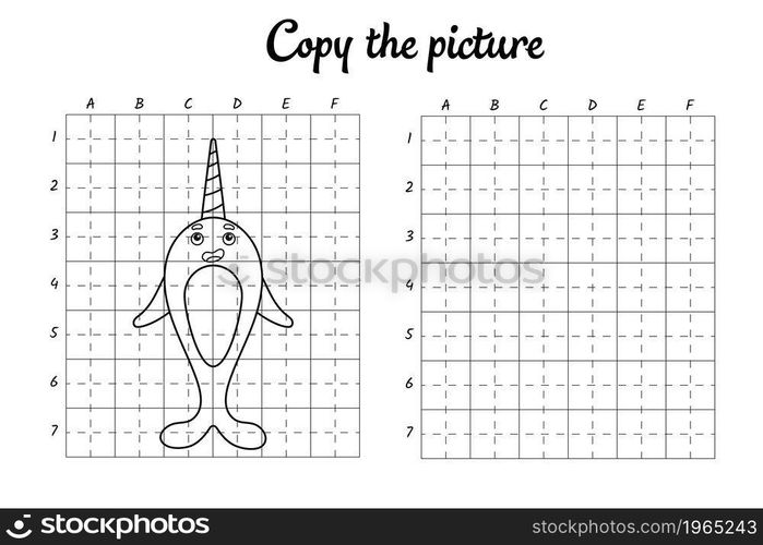 Copy the picture. Draw by grid. Coloring book pages for kids. Handwriting practice, drawing skills training. Education developing printable worksheet. Activity page. Cute cartoon vector illustration.