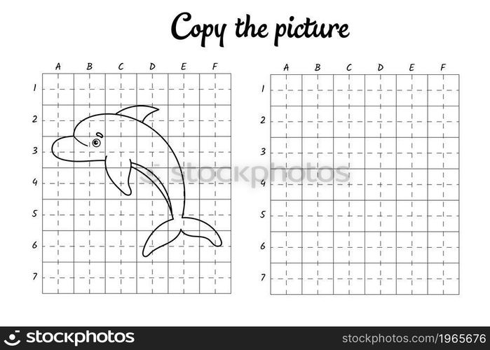 Copy the picture. Draw by grid. Coloring book pages for kids. Handwriting practice, drawing skills training. Education developing printable worksheet. Activity page. Cute cartoon vector illustration.