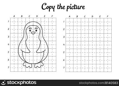 Copy the picture. Draw by grid. Coloring book pages for kids. Handwriting practice, drawing skills training. Education developing printable worksheet. Activity page. Cute cartoon vector illustration.