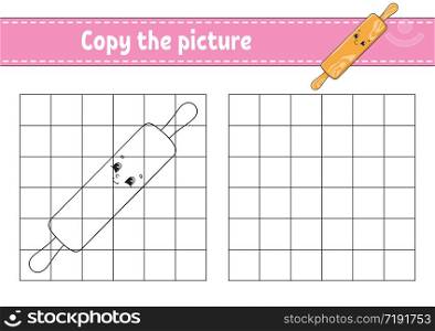 Copy the picture. Rolling pin. Coloring book pages for kids. Education developing worksheet. Game for children. Handwriting practice. Catoon character.
