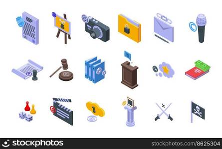 Copyright law icons set isometric vector. Author contract. Commercial rights. Copyright law icons set isometric vector. Author contract