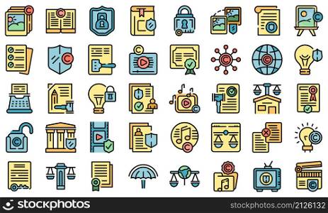 Copyright law icons set outline vector. Author contract. Commercial rights. Copyright law icons set vector flat