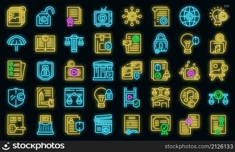 Copyright law icons set outline vector. Author contract. Commercial rights. Copyright law icons set vector neon