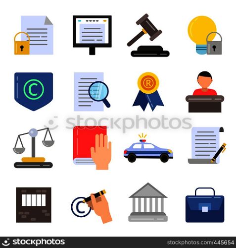Copyright legal regulations. Business icons of law and protection. Vector pictures in flat style. Protection and regulation copyright business illustration. Copyright legal regulations. Business icons of law and protection. Vector pictures in flat style