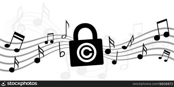 Copyright or C letter. Right of first publication. Copy right symbol. Musical note, element, staff pattern. Vector key wave. Sound symbol. concept of legal education. Pad lock privacy logo. Music wave