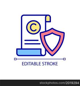 Copyright policy RGB color icon. Copyrighted material security. Protecting exclusive rights. Intellectual property control. Isolated vector illustration. Simple filled line drawing. Editable stroke. Copyright policy RGB color icon