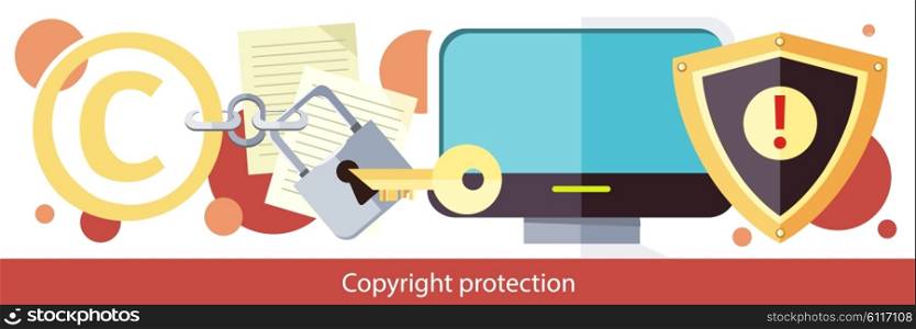 Copyright protection design flat. Copyright and protection, intellectual property, copyright symbol, patent and copyright law, piracy business, law property, secure mark license illustration