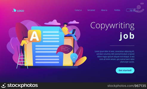 Copywriter at huge laptop writting creative advertising text. Copywriting job, home based copywriter, freelance copywriting concept. Website vibrant violet landing web page template.. Copywriting concept landing page.