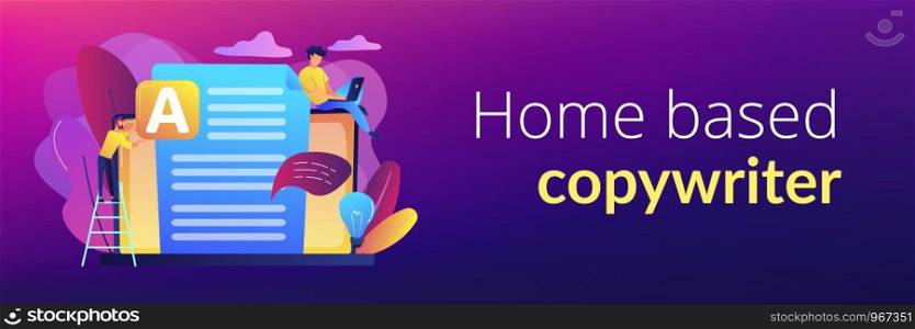 Copywriter at huge laptop writting creative advertising text. Copywriting job, home based copywriter, freelance copywriting concept. Header or footer banner template with copy space.. Copywriting concept banner header.