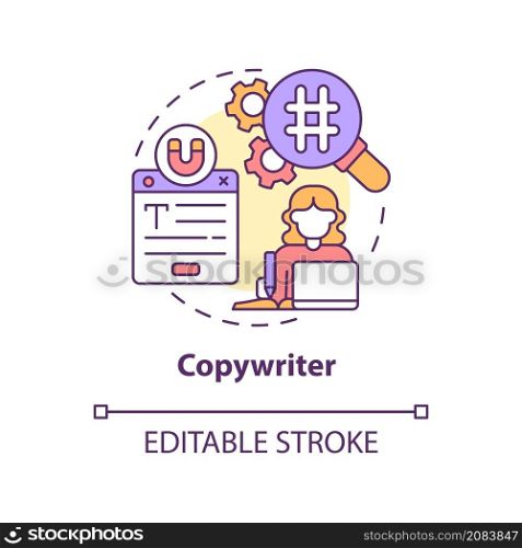Copywriter concept icon. Text content maker. Digital marketing profession abstract idea thin line illustration. Isolated outline drawing. Editable stroke. Roboto-Medium, Myriad Pro-Bold fonts used. Copywriter concept icon
