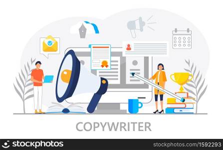 Copywriter concept vector for landing page. Freelance workers are busy with email marketing analysis. Content manager in IT company.. Copywriter concept vector for landing page. Freelance workers are busy with email marketing analysis. Content manager