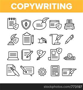 Copywriting and Blogging Vector Linear Icons Set. Copywriting, Creative Writing Outline Symbols Pack. Content Creating, Text Editing. Vlog Post, Article Isolated Contour Illustrations. Copywriting and Blogging Vector Linear Icons Set