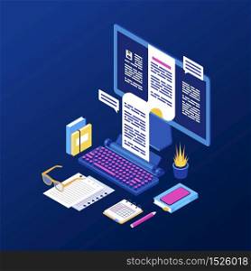 Copywriting, content creation isometric vector illustration. Book, article, essay writing 3d concept. Editor, copywriter, journalist workplace, workspace. Stationery items, computer and typewriter