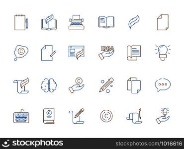 Copywriting icon. Tools for writers articles feather pen newspaper content books vector thin line colored symbols. Illustration of content blog, copywriting and blogging. Copywriting icon. Tools for writers articles feather pen newspaper content books vector thin line colored symbols