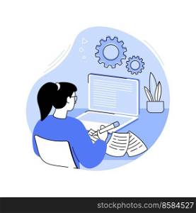 Copywriting isolated cartoon vector illustrations. Concentrated woman writing magazine article using laptop, freelance job, remote work, copyediting process, online business vector cartoon.. Copywriting isolated cartoon vector illustrations.