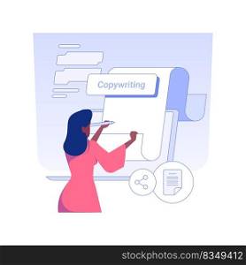 Copywriting isolated concept vector illustration. Young woman deals with magazine article writing using laptop, copyediting remote job, digital journalism, self-employed people vector concept.. Copywriting isolated concept vector illustration.